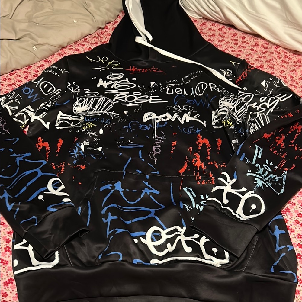 Graffiti Print Black Hoodie - Small